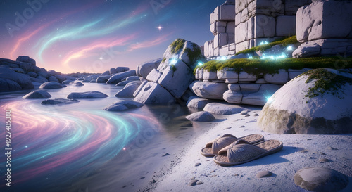 Wallpaper Mural A pair of woven slippers resting on a sandy beach next to rocky ruins with a colorful aurora sky and glowing water Torontodigital.ca