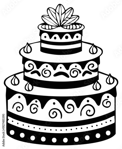 Two tiered cake illustration with floral decoration and swirls, black and white