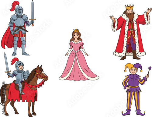 Colorful vector illustration set of medieval kingdom characters including a knight on horseback king princess and court jester for fairytale story and history branding