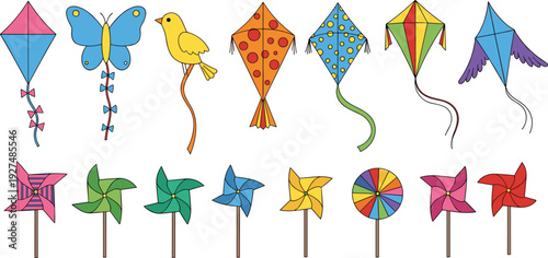 Colorful vector illustration set of flying kites in various shapes and decorative wind pinwheels for summer outdoor play children festival and park activity branding