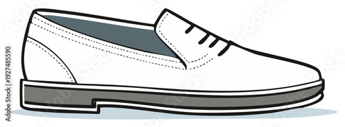 Simple illustration of a white loafer shoe with a grey sole and decorative stitching