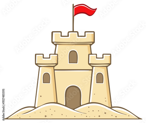 Cute cartoon sandcastle with a red flag built on sandy ground representing summer beach fun and holidays