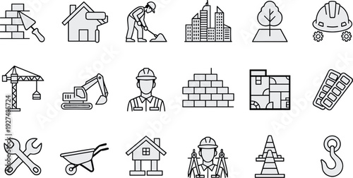 Construction icon set, building tools crane excavator worker helmet brick wall blueprint safety cone vector illustration seamless pattern background