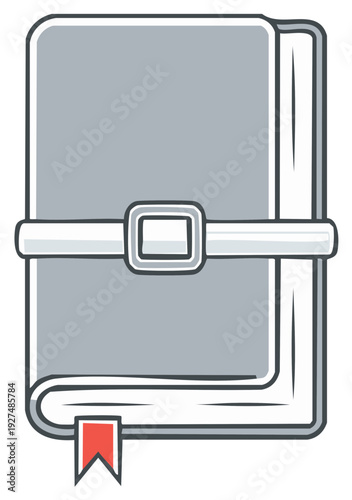 Stylized icon of a vintage book with a buckle clasp and red bookmark