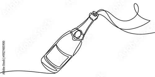 Continuous line drawing of a champagne bottle with a flowing ribbon or bubbles