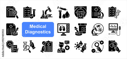 Medical Diagnostics web banner icon concept, with Diagnostic Monitoring, Urine Analysis, Microbiology Test.