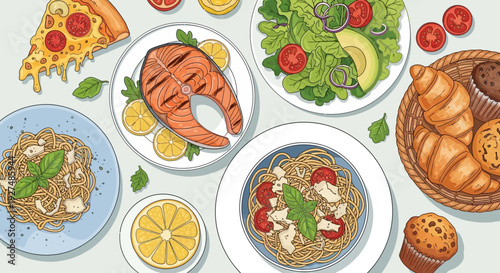 Assorted delicious dishes and pastries on plates and bowls.