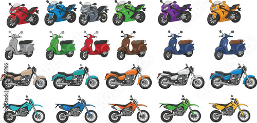 Colorful vector illustration set of various motorcycles including sport bikes classic scooters cruisers and dirt bikes for transportation automotive and urban delivery branding