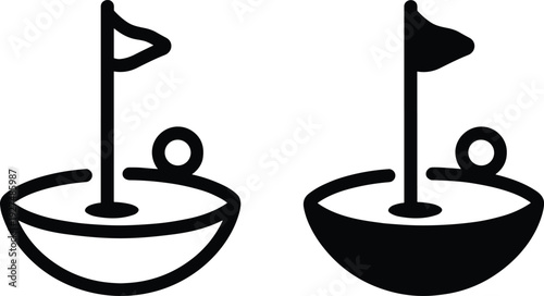 Set of outline and silhouette golf hole icons with flag and ball on putting green isolated on white background for sports app design