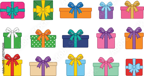 Colorful gift box set with ribbon bows, collection of Christmas present boxes in green, red, yellow, pink, and orange, isolated holiday vector