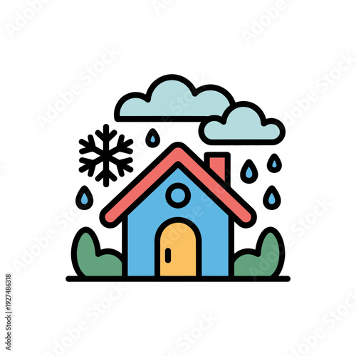 A colorful vector illustration of a house with rain and snow