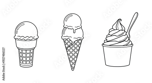 Sweet dessert vector illustration featuring various ice cream scoops in cones and soft serve in a cup