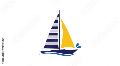 Stylized vector graphic illustration of a sailboat sailing on blue waves with a yellow and striped sail.