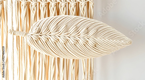 A close-up view of a macrame wall hanging with a leaf design