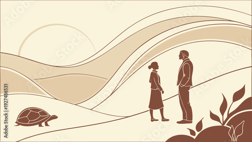Serene Earth-Toned Landscape with Contemplative Couple and Tortoise, Symbolizing Patience and Connection