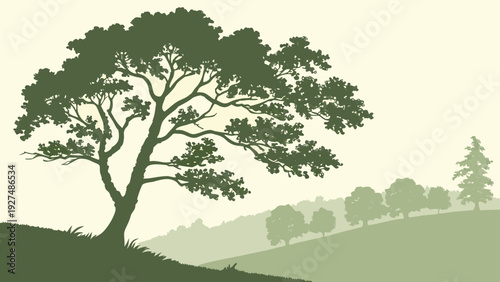 Nature's Silhouette: Detailed Green Tree on Rolling Hills in a Stylized Countryside Landscape Illustration
