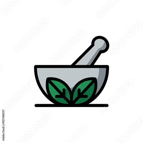 A minimalist vector illustration of a mortar and pestle with green leaves, symbolizing herbal medicine and natural remedies.