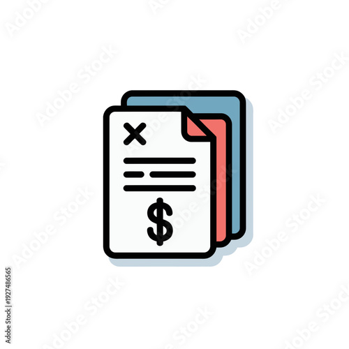 A minimalist vector icon of a rejected invoice or bill with a dollar sign and crossed out lines, symbolizing financial refusal or cancellation.