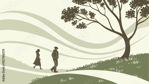 Minimalist Illustration of Couple Walking on Winding Path in Stylized Landscape with Tree, Rendered in Earthy Tones