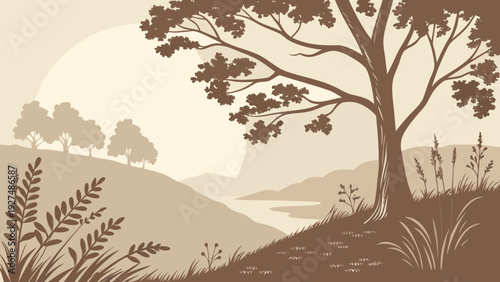 Tranquil Sepia Toned Landscape Illustration with Prominent Tree, Rolling Hills, and Calm Water; Monochromatic Vintage Nature Scene