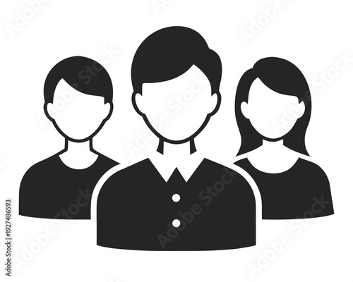 A minimalist vector graphic illustration of three faceless people icons in black and white