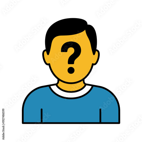 A cartoon man with a question mark on his face, representing uncertainty or anonymity in a simple, flat vector graphic design.