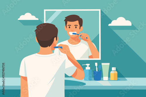 Man Brushing Teeth Bathroom Mirror. Self care daily Concept. Vector graphic illustration