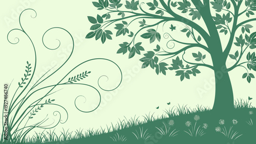 Stylized Green Nature Background with Tree, Grassy Hill, and Decorative Floral Swirls