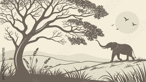 Serene African Savanna Landscape: Elephant Foraging Under an Acacia Tree at Sunset, Monochromatic Vector Illustration of Wildlife