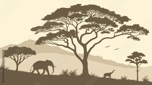Serene African Savanna Silhouette with Elephant, Giraffe, and Acacia Trees in Sepia Tones