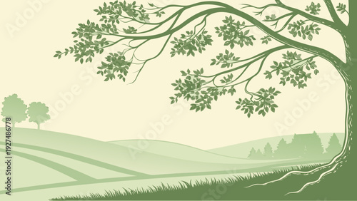 Peaceful Green Rural Landscape with Sprawling Tree, Gentle Hills, and Open Fields Vector Art