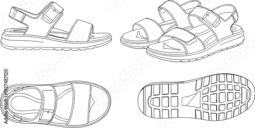 Casual summer sandals outline illustration set with side top perspective and sole view minimalist line art footwear collection