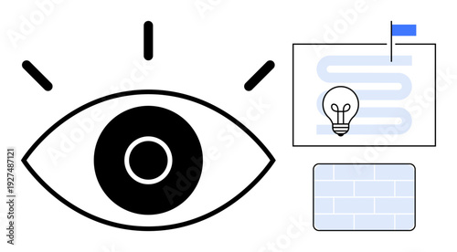 Innovation concept. Eye symbol s vision and focus. Innovation pathway and lightbulb highlight idea generation. Concept for creativity, planning, strategy, education, and teamwork