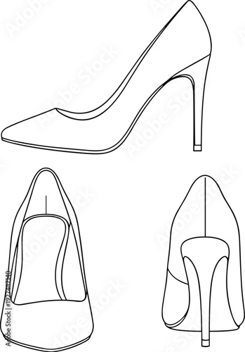Elegant high heel stiletto shoes outline illustration set front back and side view isolated minimalist fashion line art design