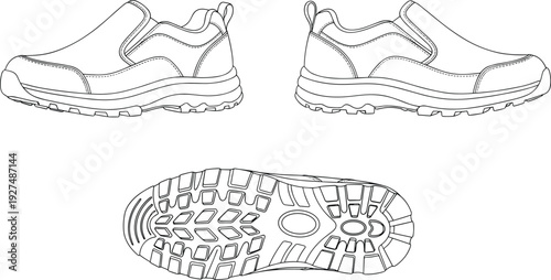 Durable slip on work shoes outline illustration with side and sole view rugged minimalist line art footwear design
