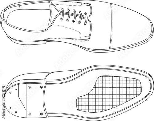 Men cap toe oxford shoe outline illustration with top and sole view detailed line art formal footwear design