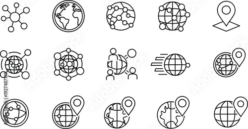 Global Network and Connectivity Icon Set, Vector World Map Symbols, Navigation Location Pins, Logistics Communication Icons, Internet Technology, Digital Outreach, Global.