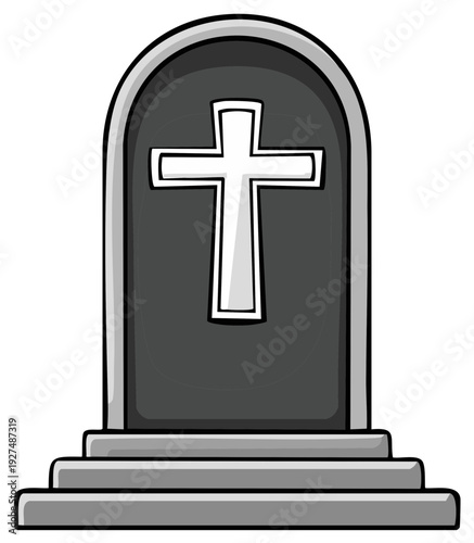 Cartoon gravestone with cross symbol representing cemetery, death, loss, and remembrance.