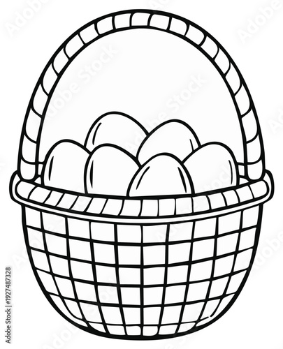 Illustration of a woven basket overflowing with eggs on a white background