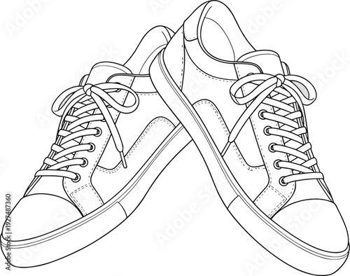 Casual sneakers outline illustration with crossed pair front perspective detailed line art footwear design isolated