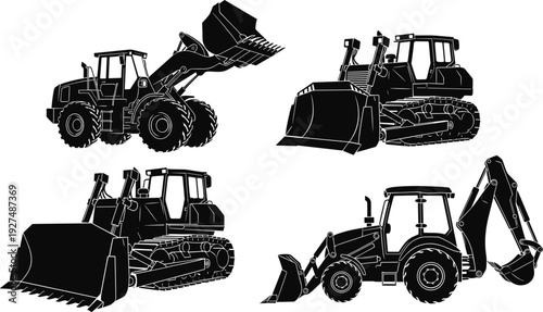 Heavy construction machinery silhouettes set featuring bulldozer, backhoe loader, and front end loader icons for building industry and earthmoving projects