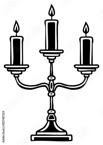 Black and white three-candle candelabra with lit candles for a traditional lighting fixture or ornate decor element.