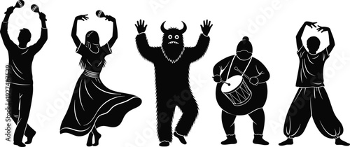 Festival dancers and monster silhouette set, black vector illustration of cultural performers with drummer isolated on white background