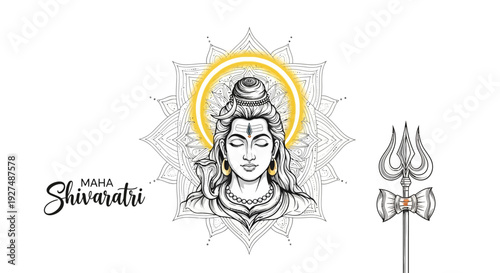 Maha Shivaratri illustration of Lord Shiva's face with a trident and sacred geometry, symbolizing the Hindu Festival of Shiva on a white background.