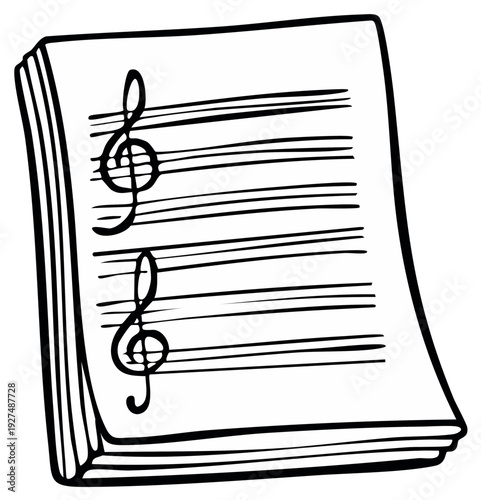 Hand-drawn Music Sheet Illustration: Treble Clefs and Blank Lines on Stack of Paper