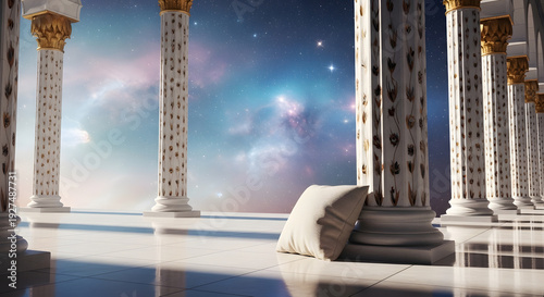 Wallpaper Mural Classical ornate pillars line a polished marble floor where a single pillow rests looking out into a breathtaking blue and purple nebula Torontodigital.ca