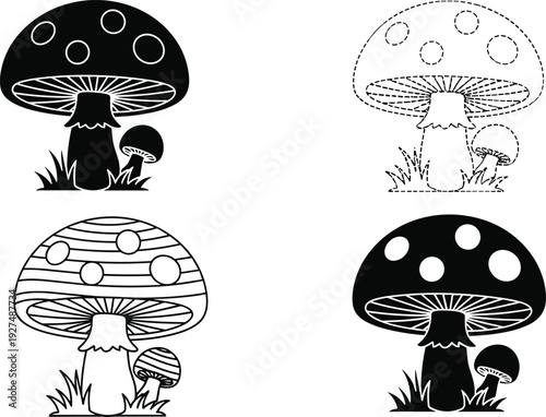 Mushroom illustration set, black and white vector line art, cartoon toadstool silhouette collection isolated on white background