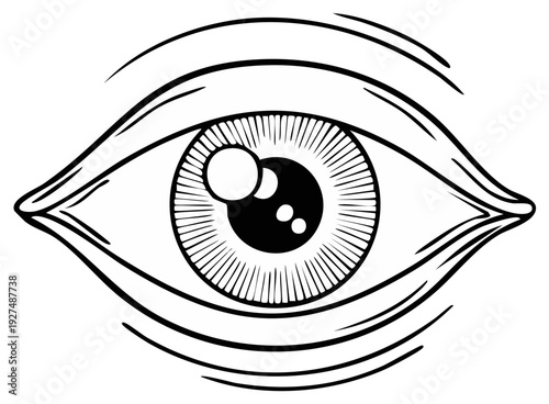 Stylized Human Eye Drawing with Eyelashes, Pupil, Iris and Highlight in Retro Black and White