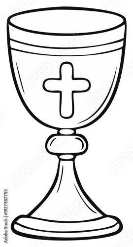 Black and white illustration of a chalice with a cross.