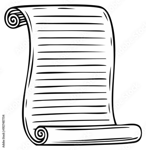Rolled parchment scroll with lined paper, ancient document for messages or announcements in black and white